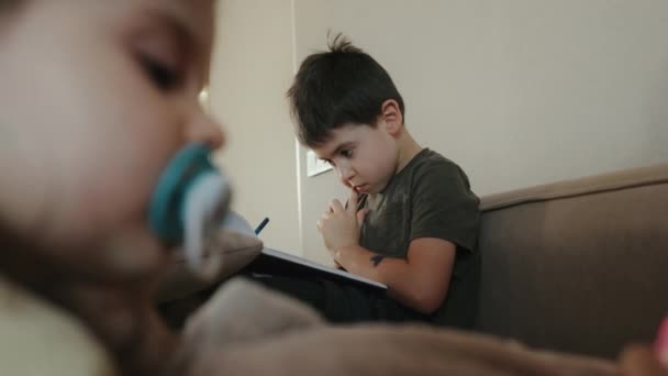 Мальчик Футболке Пишет Читает Книгу Дома Диване Дистанционное Обучение Мальчик — стоковое видео
