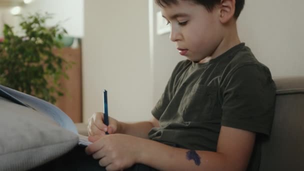 Mały Słodki Chłopiec Siedzi Sam Przytulnym Salonie Domu Weekend Pisze — Wideo stockowe