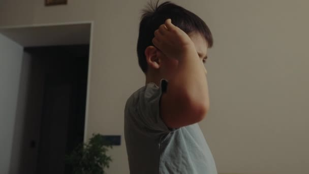 Schattige Kleine Jongen Die Thuis Staat Gebaart Praat Tijd Doorbrengen — Stockvideo