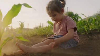 Yazın gün batımında çiftlikte oturan bir çocuk oyun oynuyor. Çocuklar için dışarıda eğlence.