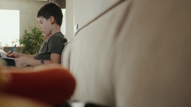 Kleiner Junge Schreibt Hausaufgaben Auf Dem Sofa Hause Kindererziehung Und — Stockvideo