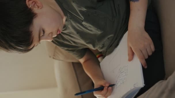 Μικρό Αγόρι Που Γράφει Σημειωματάριο Καναπέ Στο Σπίτι Έννοια Της — Αρχείο Βίντεο