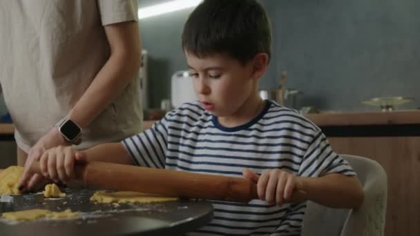 Jeune Mère Son Petit Fils Préparent Ensemble Des Biscuits Maison — Video