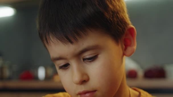 유치원에서 하루가 어땠는지에 부모님과 이야기하는 코카서스 소년의 클로즈업 초상화 — 비디오