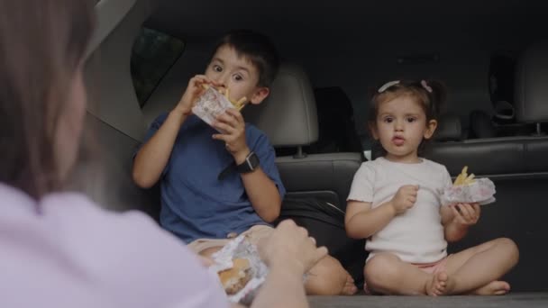 Glückliche Kleine Kinder Mit Ihrer Mutter Die Leckere Bratkartoffeln Freien — Stockvideo