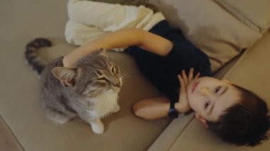 Siyah tişörtlü küçük bir çocuğun kanepede dinlenen kısa boylu bir kediyi okşamasının en güzel görüntüsü. İnternetsiz oyunlar. Bir çocuk evdeki kanepede kediyi okşuyor.