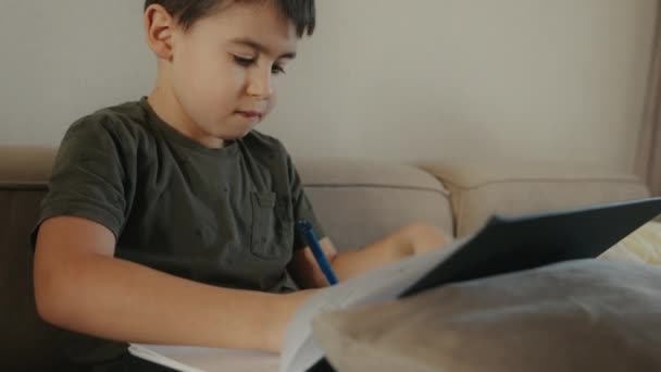 Adorable Chico Caucásico Escribiendo Cuaderno Sentado Sofá Sala Estar Esencia — Vídeos de Stock