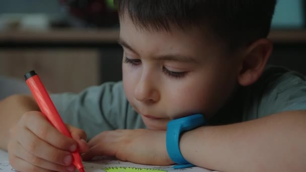 Kleuterjongen Tekenen Kleurrijke Potloden Thuiskeuken Positief Schoolkind Doet Huiswerk School — Stockvideo