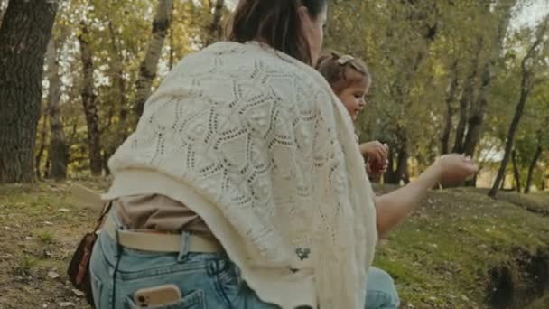 Küçük Kızıyla Birlikte Yeşil Parktaki Küçük Ördekleri Besleyen Genç Bir — Stok video