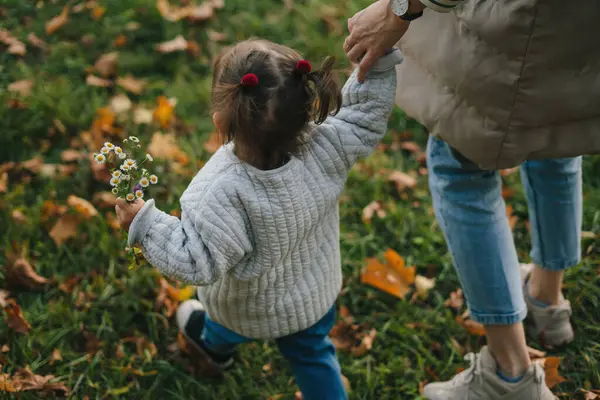 Küçük Kız Sonbahar Günü Dışarıda Eğleniyor Şehir Parkında Annesinin Elini — Stok fotoğraf