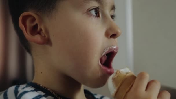 Στενή Θέα Ενός Μικρού Παιδιού Που Κρατάει Παγωτό Στα Χέρια — Αρχείο Βίντεο