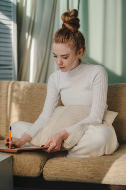 Kanepeye oturup günlük defterine yaşam tarzıyla notlar yazan bir kadın. Rahatlama yaşam tarzı kavramı.