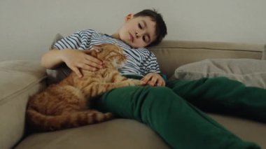 Küçük çocuk kanepede rahatlarken kızıl kedi yavrusuna sarılıyor. Hayvan ve çocuk kavramı. Kedicik güzel dinleniyor. Hayvanları sev.