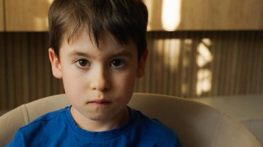 Kahverengi saçlı genç bir çocuk bir sandalyede oturuyor ve kamerayla doğrudan göz teması kuruyor, alnını, burnunu, çenesini, kaşlarını, gözlerini, ağzını gösteriyor.