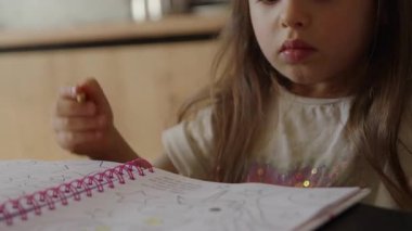 Genç bir çocuk, yaratıcılığını sergileyen renkli bir çizim defterinde güzel bir çizim yapmaya odaklanır.