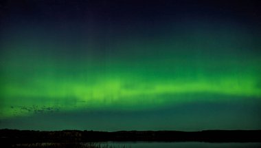 Yeşil Kuzey Işıkları (Aurora Borealis) Ottawa yakınlarında güzel, sıcak bir yaz gecesinde gökyüzünü aydınlatıyor. 16 Eylül 2024
