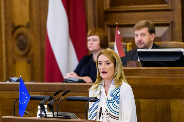 Ρίγκα Λεττονια Οκτωβρίου 2022 Roberta Metsola Πρόεδρος Του Ευρωπαϊκού Κοινοβουλίου — Φωτογραφία Αρχείου