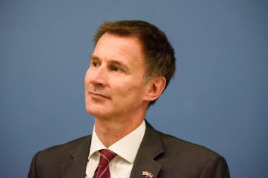 15.08.2018. RIGA, LATVIA. Jeremy Hunt, Birleşik Krallık Dışişleri Bakanı ve Edgars Rinkevic 'in basın toplantısı, Letonya Dışişleri Bakanı.