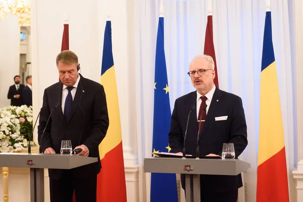 Riga Lotyšsko Listopadu2022 Tisková Konference Setkání Klause Iohannise Prezidenta Rumunska — Stock fotografie