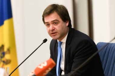 RIGA, LATVIA. 5 Haziran 2023. Nicu Popescu (fotoğrafta), Moldova Dışişleri Bakanı ve Edgars Rinkeviç, Moldova Dışişleri Bakanı basın toplantısı.