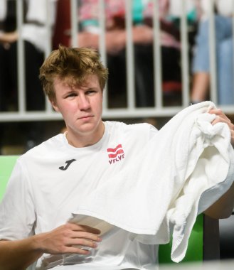 RIGA, LATVIA. 5 Şubat 2023. Letonya İsrail 'e karşı, Davis Kupası Dünya Kupası İLK İLK İLK İKİ Round Tenis Maçı.