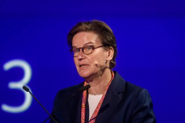 RIGA, LATVIA. 8th February 2023. Verena Ross, Executive Director of the European Securities and Markets Authority (ESMA) speaks, during Growth Loves Who Dare, Latvian Capital Market Forum.