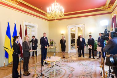 RIGA, LATVIA. 20th February 2023. Press conference after meeting of Olena Kondratiuk (L), Second Deputy Chair of Verkhovna Rada (Parliament of Ukraine) and Edvards Smiltens (R), Speaker of Saeima (Parliament of Latvia).