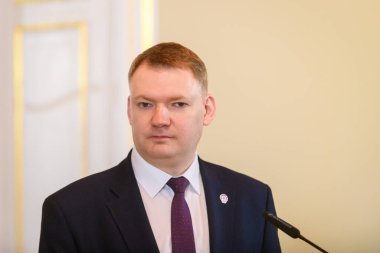 RIGA, LATVIA. 20th February 2023. Press conference after meeting of Olena Kondratiuk, Second Deputy Chair of Verkhovna Rada (Parliament of Ukraine) and Edvards Smiltens (at photo), Speaker of Saeima (Parliament of Latvia).