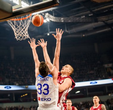 RIGA, LATVIA. 27th February 2023.  Latvia vs. Greece, FIBA Basketball World Cup WORLD Cup Qualifiers game.