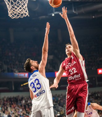 RIGA, LATVIA. 27th February 2023.  Latvia vs. Greece, FIBA Basketball World Cup WORLD Cup Qualifiers game.