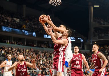 RIGA, LATVIA. 27th February 2023.  Latvia vs. Greece, FIBA Basketball World Cup WORLD Cup Qualifiers game.