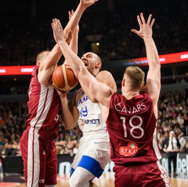 RIGA, LATVIA. 27th February 2023.  Latvia vs. Greece, FIBA Basketball World Cup WORLD Cup Qualifiers game.