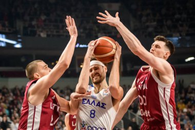 RIGA, LATVIA. 27th February 2023.  Latvia vs. Greece, FIBA Basketball World Cup WORLD Cup Qualifiers game.