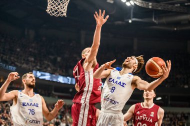 RIGA, LATVIA. 27th February 2023.  Latvia vs. Greece, FIBA Basketball World Cup WORLD Cup Qualifiers game.