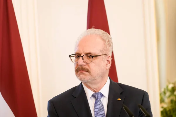 stock image RIGA, LATVIA. 13th March 2023. His Royal Highness the Grand Duke of Luxembourg  and Egils Levits (at photo), President of Latvia press statement, at Riga Castle