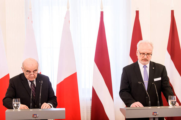 RIGA, LATVIA. 22nd March 2023.  George Vella (L), President of Malta and Egils Levit (R),  President of Latvia, during press conference after meeting at Riga Castle.