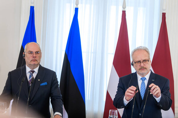RIGA, LATVIA. 24thApril 2023. Alar Karis (L), President of Estonia and Egils Levits, President of Latvia, during press conference after meeting at Riga Castle.