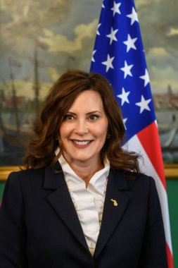 RIGA, LATVIA. 11 Mayıs 2023. Egils Levits, Letonya Başkanı Gretchen Whitmer ile görüşür (fotoğraf), Michigan Valisi.