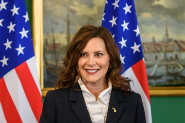 RIGA, LATVIA. 11 Mayıs 2023. Egils Levits, Letonya Başkanı Gretchen Whitmer ile görüşür (fotoğraf), Michigan Valisi.