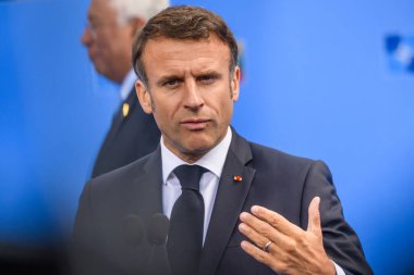 VILNIUS, LITHUANIA. 11 Temmuz 2023. Emmanuel Macron, Fransa Cumhurbaşkanı, 2023 NATO Zirvesi sırasında.
