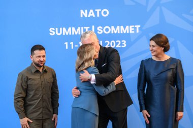 VILNIUS, LITHUANIA. 11 Temmuz 2023. Volodymyr Zelensky, Ukrayna Cumhurbaşkanı ve Olena Zelenska, Ukrayna 'nın First Lady' si, Litvanya Cumhurbaşkanı 'nın ev sahipliğinde NATO SUMIT 2023' te.