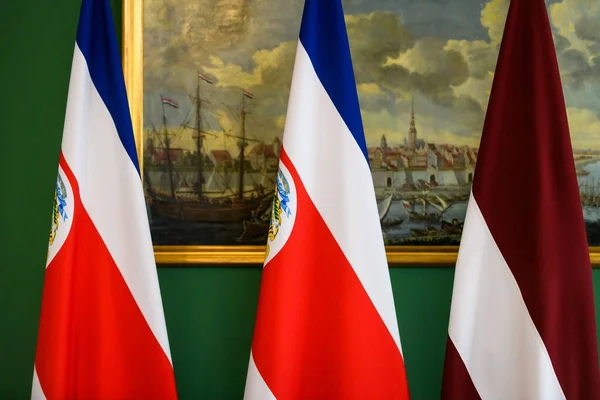 stock image RIGA, LATVIA. 20th July 2023. Edgars Rinkevics, President of Latvia meets with Rodrigo Chaves President of Costa Rica