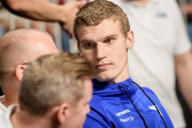 RIGA, LATVIA. 16 Ağustos 2023. Lauri Markkanen, Letonya Millî Basketbol Takımı ile Finlandiya Millî Basketbol Takımı arasında FIBA BASKETBALL DÜNYA CUP 2023 'ten önce oynanan maçta.