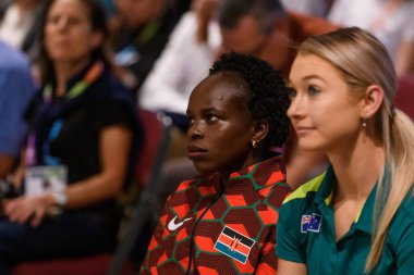 RIGA, LATVIA. 29 Eylül 2023. Peres Jepchirchir (Dünya yarı maraton şampiyonu ve dünya rekortmeni), Dünya Atletizm Şampiyonası Riga 2023 basın toplantısı.