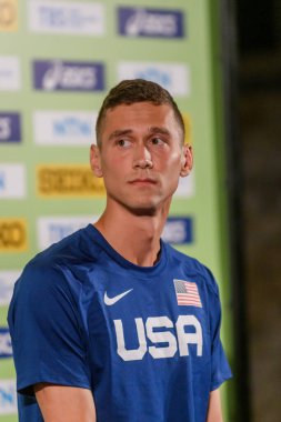 RIGA, LATVIA. 29 Eylül 2023. Sam Prakel, dünya yol mili rekoru sahibi, Dünya Atletizm Şampiyonası sırasında Riga 2023 basın toplantısı.