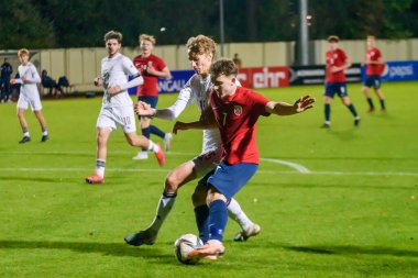 RIGA, LATVIA. 14 Ekim 2023. UEFA 19 Yaş Altı Şampiyonluk eleme maçı Letonya U-19 Norveç U-19 'a karşı.
