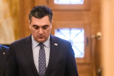 RIGA, LATVIA. 3 Kasım 2023. Ilia Darchiashvili (fotoğrafta) ve Gürcistan Dışişleri Bakanı Krisjanis Karins Letonya Dışişleri Bakanı ile görüştü.