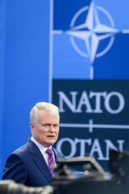 VILNIUS, LITHUANIA. 11 Temmuz 2023. Litvanya Devlet Başkanı Gitana Nauseda, NATO 'nun 2023 sayılı YAZETE kapısında. Vilnius, Litvanya.