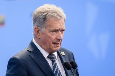 VILNIUS, LITHUANIA. 11 Temmuz 2023. Finlandiya Cumhurbaşkanı Sauli Niinisto, NATO SUMIT 2023 'ün eşiğinde. Vilnius, Litvanya.