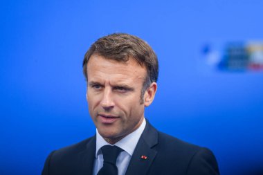 VILNIUS, LITHUANIA. 11 Temmuz 2023. Emmanuel Macron, Fransa Cumhurbaşkanı, NATO SUMIT 2023 'ün eşiğinde. Vilnius, Litvanya.